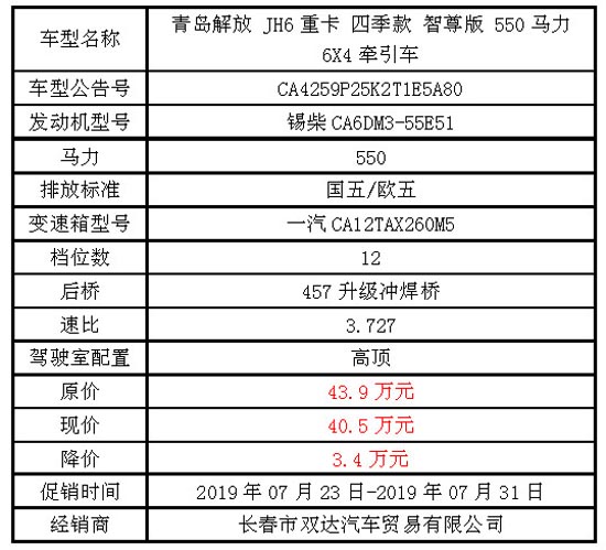 活动2019年7月31日为止,参加活动的车型为青岛解放 jh6重卡 四季款